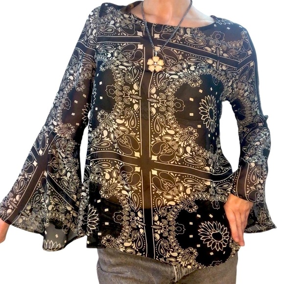 Dark Ethereal Fairycore Whimsygoth Blouse Top Women Sz M Bell Sleeve Sheer Boho - Picture 1 of 8